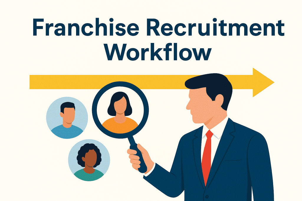 llustration showing a recruiter examining franchise candidates under the title “Franchise Recruitment Workflow: The Roadmap and Sales Discipline Behind Every Top-Growth Brand.” A large yellow arrow points right, symbolizing progress through recruitment stages, with diverse candidate profiles representing qualification, evaluation, and disciplined selection in the franchise development process.