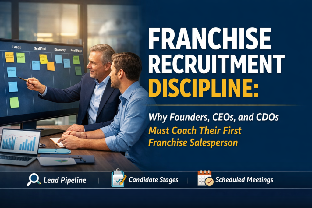 A business leader coaches a franchise salesperson while reviewing a franchise recruitment pipeline board showing stages such as leads, qualified, discovery, and final stage. The image headline reads “Franchise Recruitment Discipline: Why Founders, CEOs, and CDOs Must Coach Their First Franchise Salesperson,” with icons representing lead pipeline management, candidate stages, and scheduled meetings.