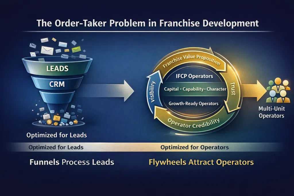 Illustration comparing order-taking franchise development with order-getting development: a funnel labeled Leads and CRM representing lead-driven recruitment contrasted with a flywheel showing Franchise Value Proposition, IFCP operators, Capital, Capability, Character, and Growth-Ready Operators leading to multi-unit franchise operators.