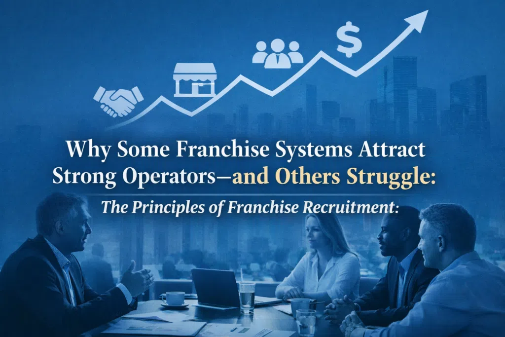 Franchise recruitment leadership strategy showing business executives evaluating franchise development growth and attracting strong operators.