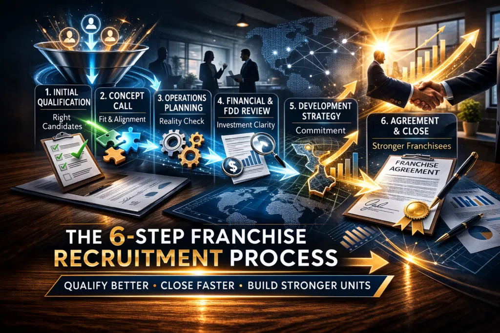 Executive-style infographic illustrating the six-step franchise recruitment process, showing candidate qualification, brand alignment, operations planning, financial review, development strategy, and final agreement, with business professionals and growth visuals representing structured franchise sales success.
