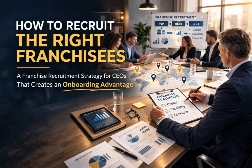 Franchise recruitment strategy meeting showing CEO and executive team reviewing franchise candidate evaluation framework including Franchise Value Proposition, Ideal Candidate Tiers, and the 3 Cs of Capital, Capability, and Character.